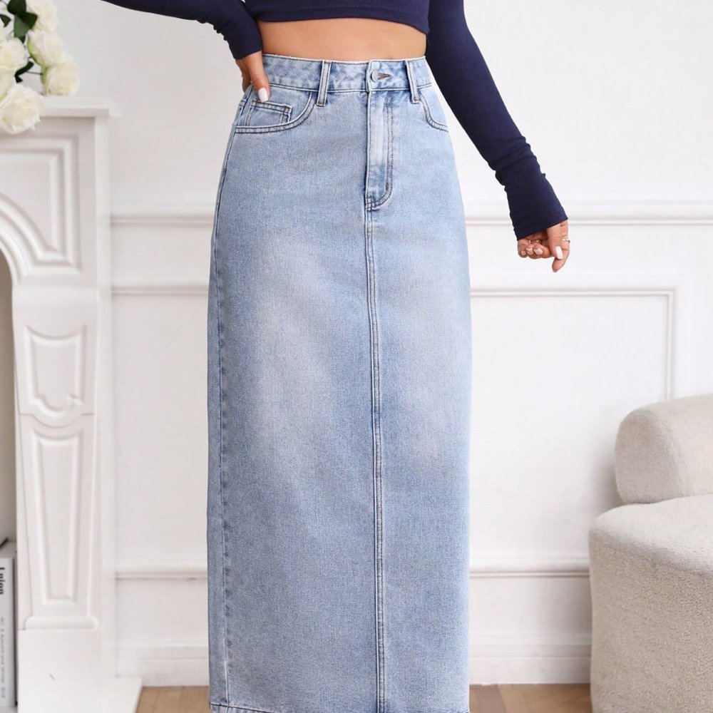 Blue Casual Womens High Waist Split Back Straight Denim Skirt - Picture 5 of 5